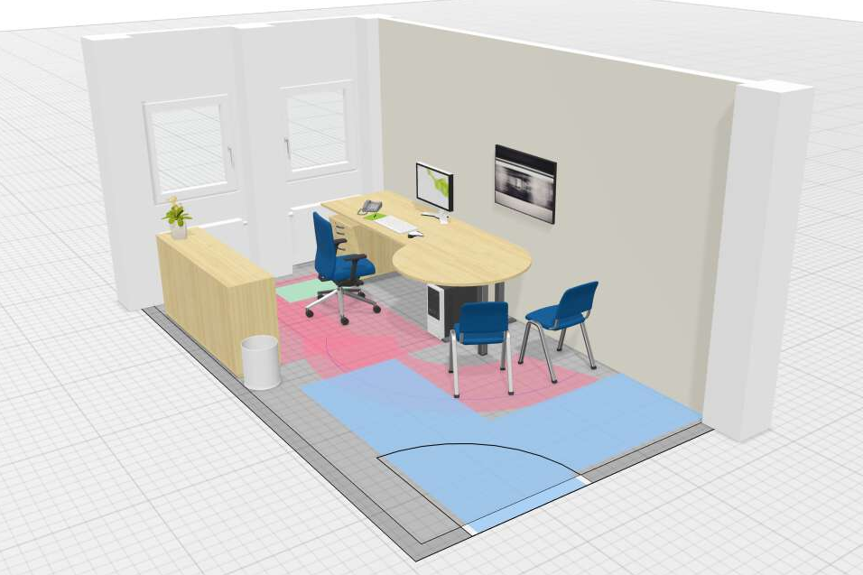 Planungsbeispiele OnlinePlanner dreidimensionale, grafische Darstellung eines Einzelbüros mit Besprechungsbereich