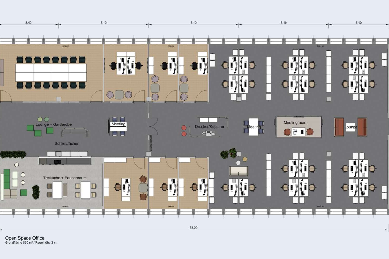 Musterplanung aus Planungssoftware: Open Space Office mit Möblierung und Materialien