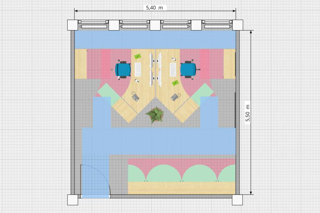 Planungsbeispiele OnlinePlanner Grafische Darstellung eines Zweipersonenbüros mit Verkehrswegen