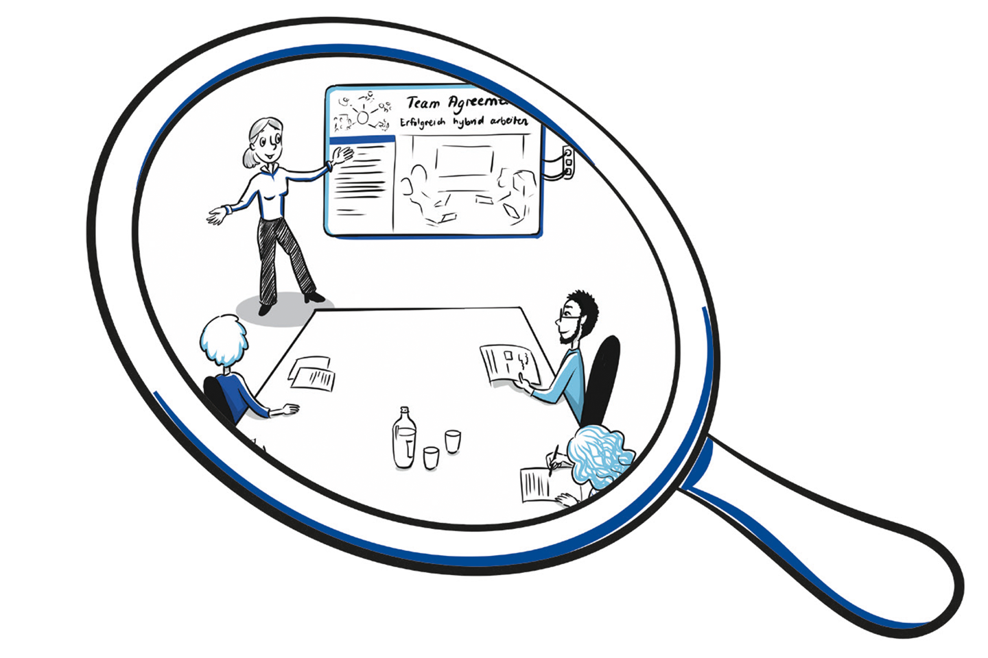 große Lupe zeigt auf Besprechungssituation