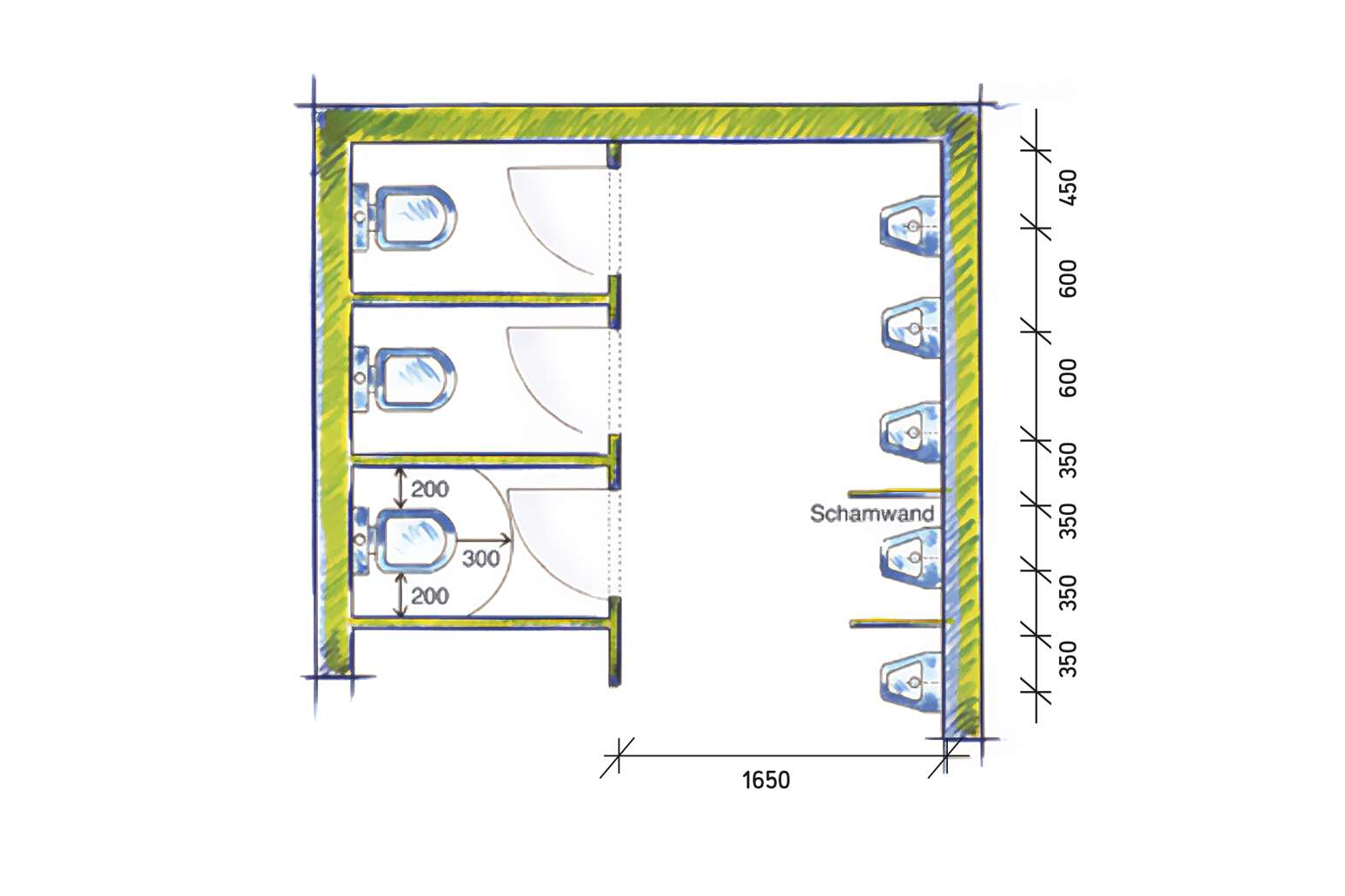Abbildung einbündige Toilettenanlage nach ASR A4.1 mit Urinalen, Türanschlag nach innen