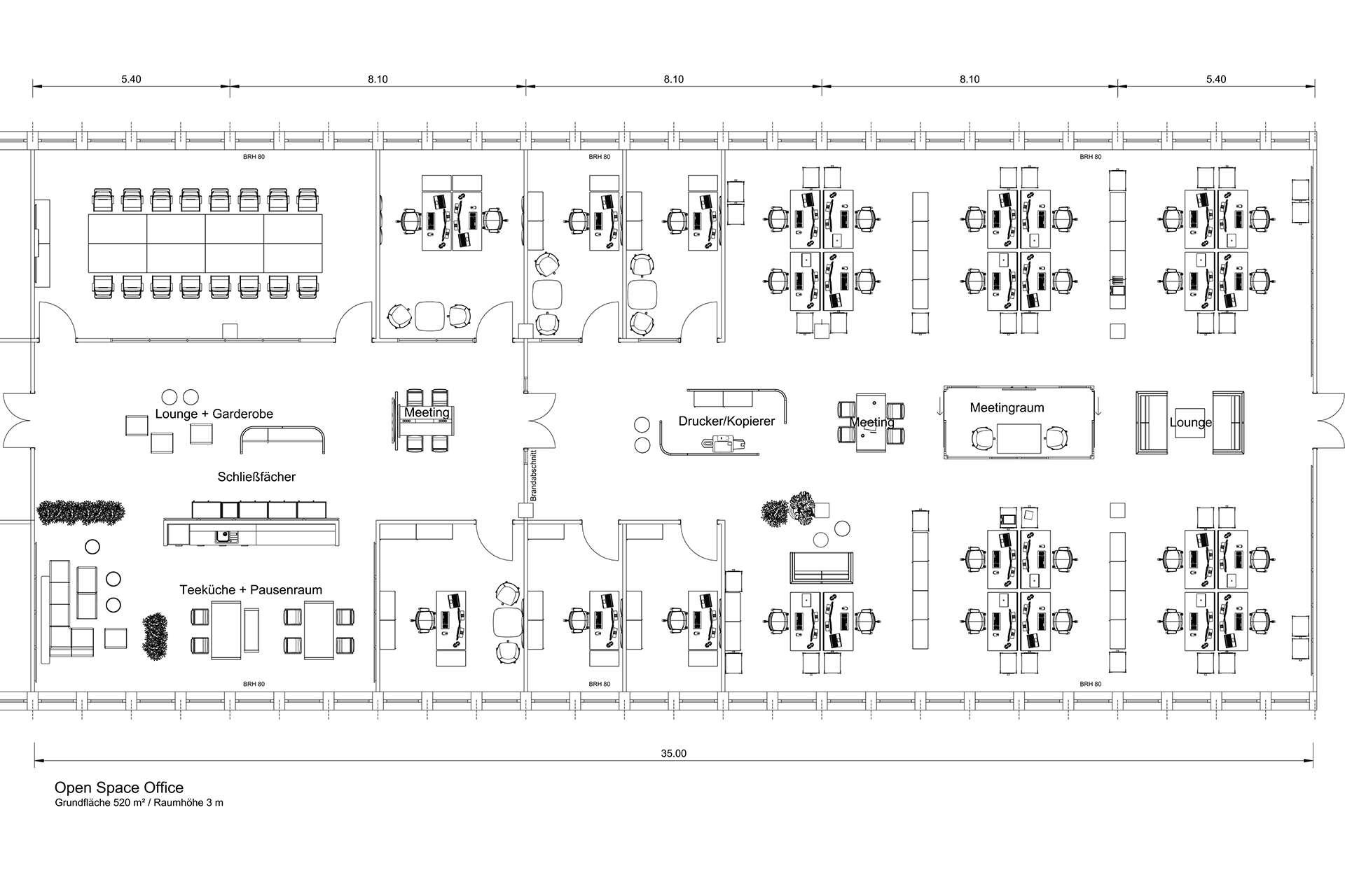 Musterplanung aus Planungssoftware: Open Space Office mit Möblierung