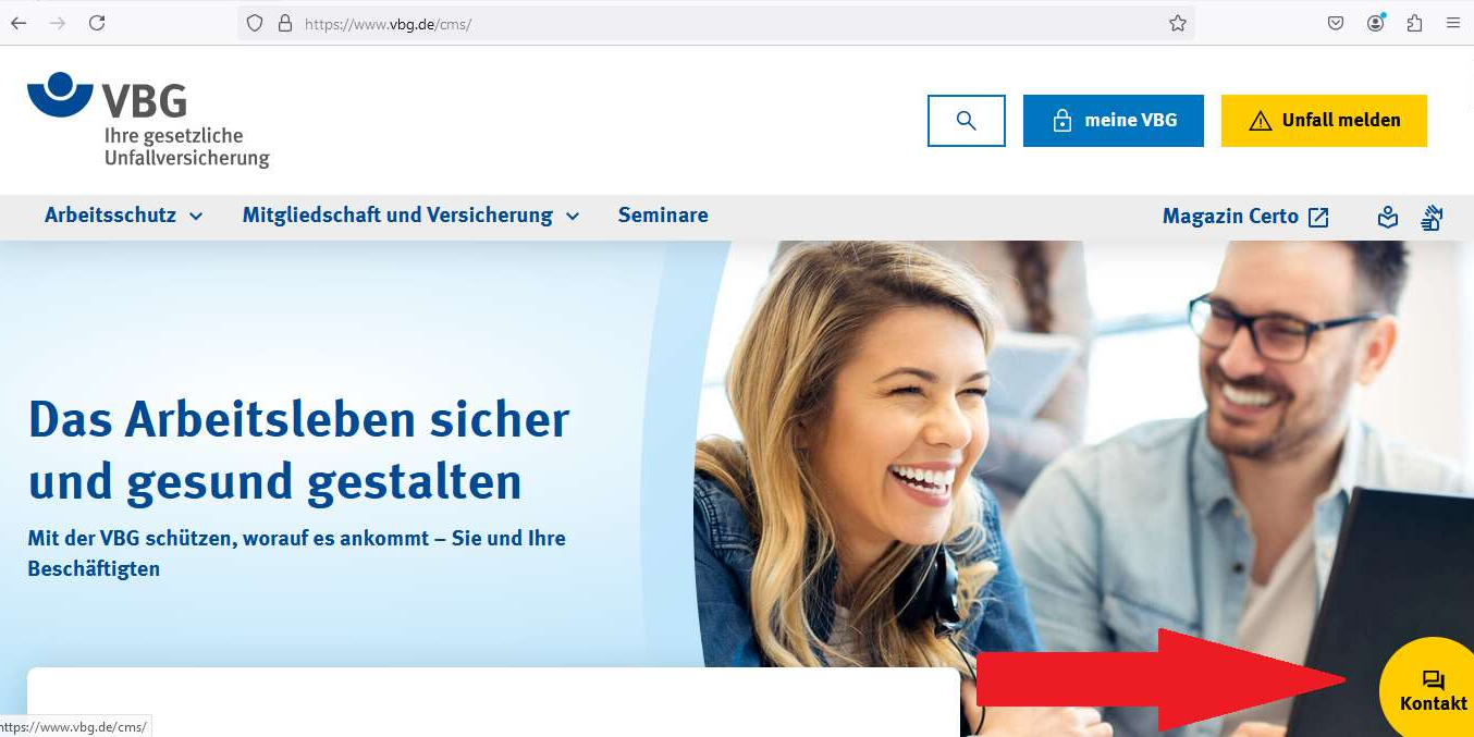 Ausschnitt der Startseite der VBG