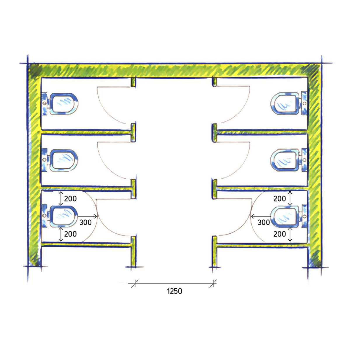 Abbildung zweibündige Toilettenanlage nach ASR A4.1, Türanschlag nach innen