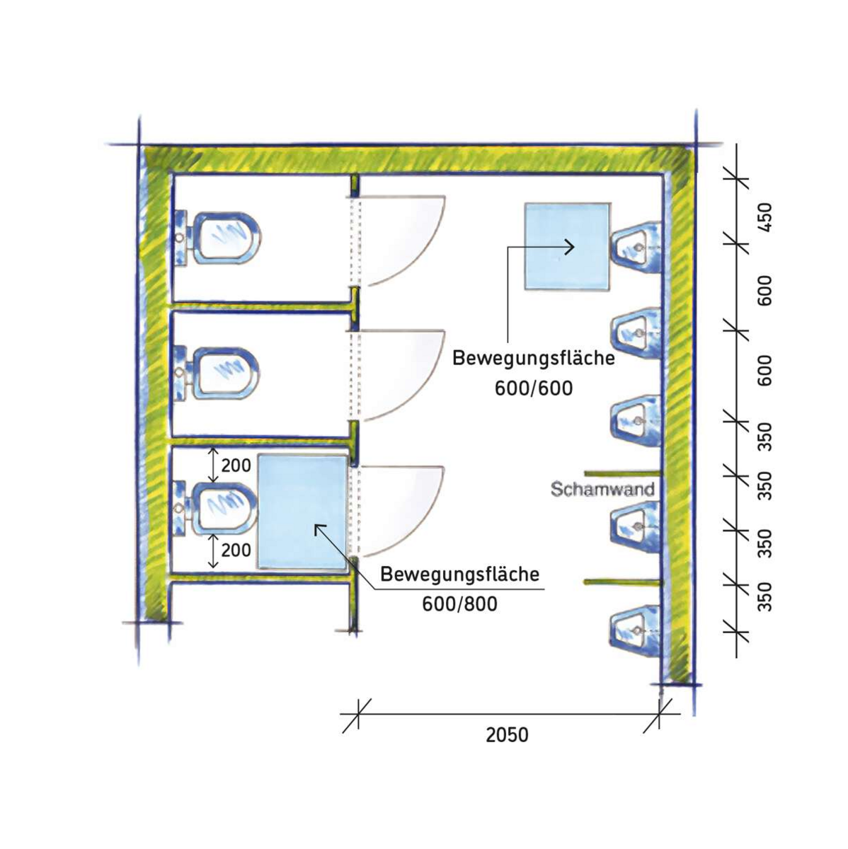 Abbildung einbündige Toilettenanlage nach ASR A4.1 mit Urinalen, Türanschlag nach außen 