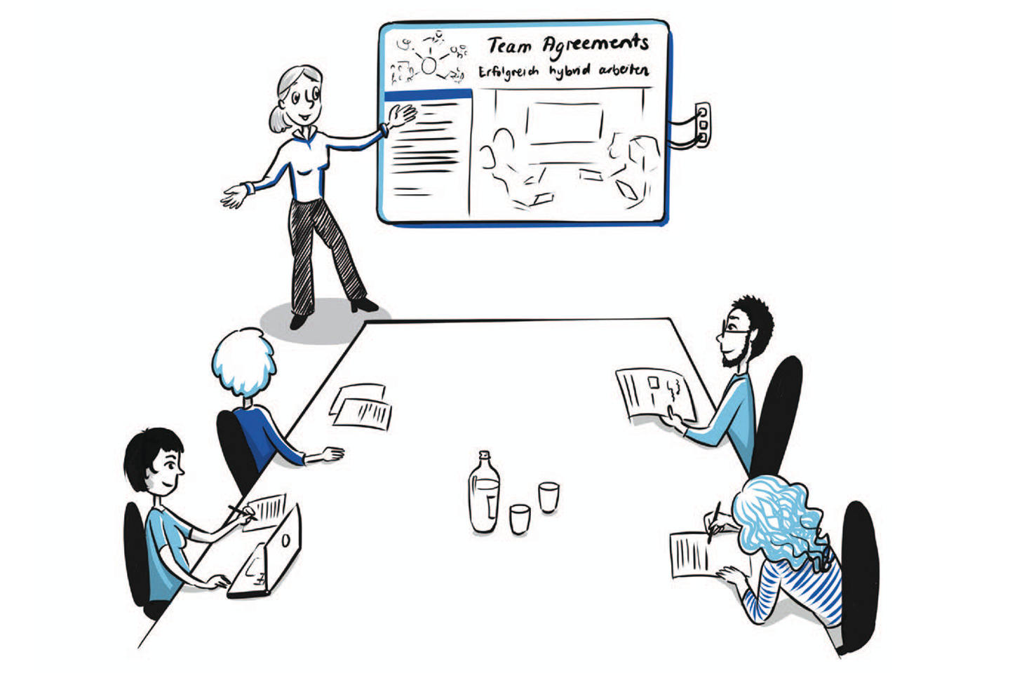 Besprechungssituation mit mehreren Personen vor einer Präsentationswand