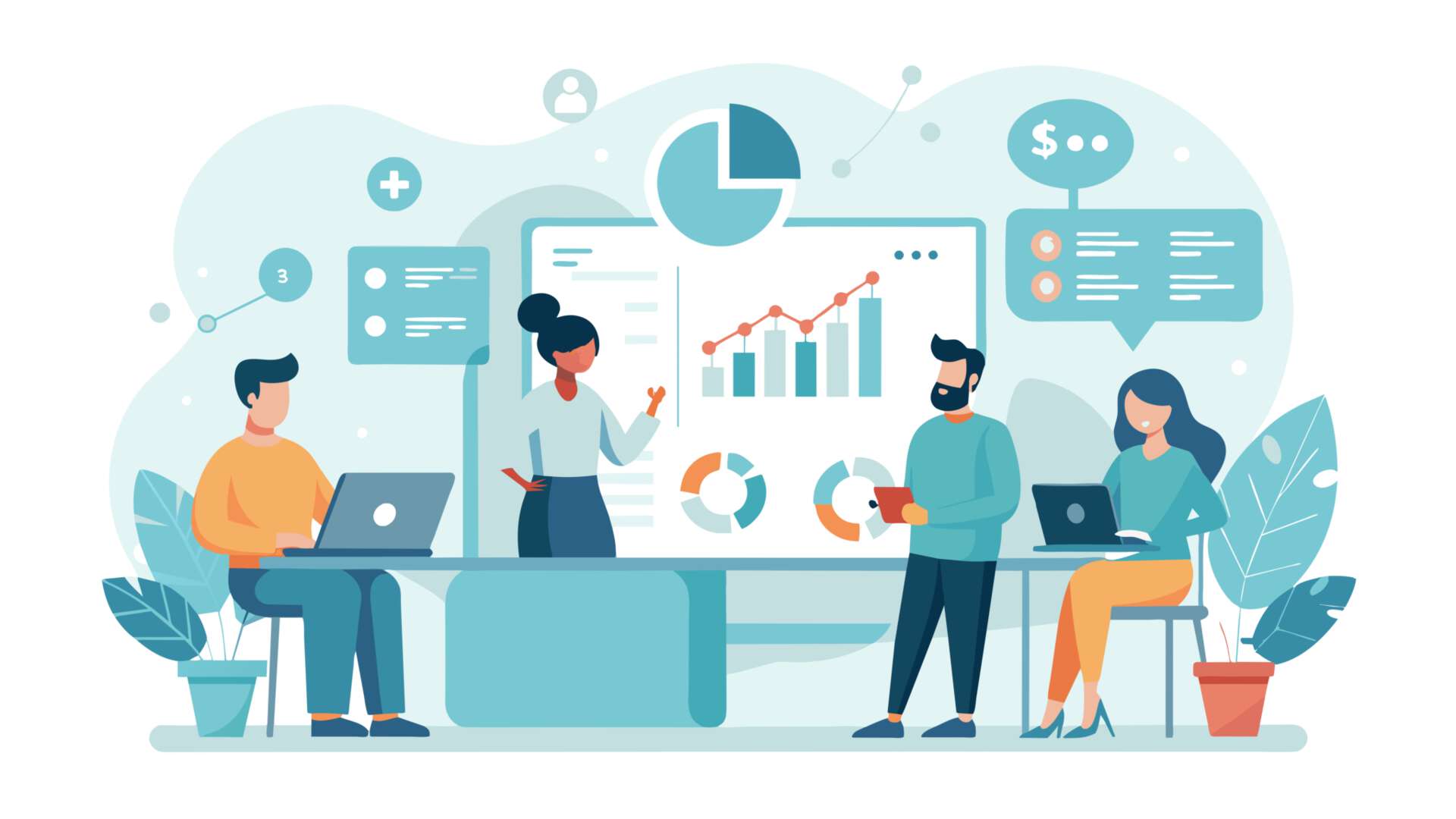 KI-generierte Illustration: Vier Männer und Frauen mit Laptop und Großbildschirm untersuchen Daten auf neue Erkenntnisse. 