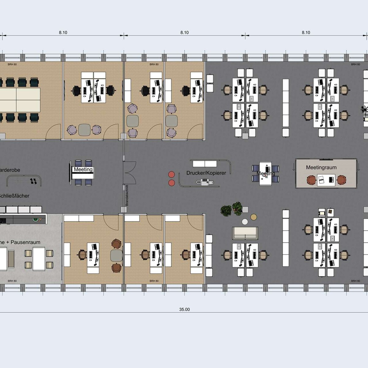 Musterplanung aus Planungssoftware: Open Space Office mit Möblierung und Materialien