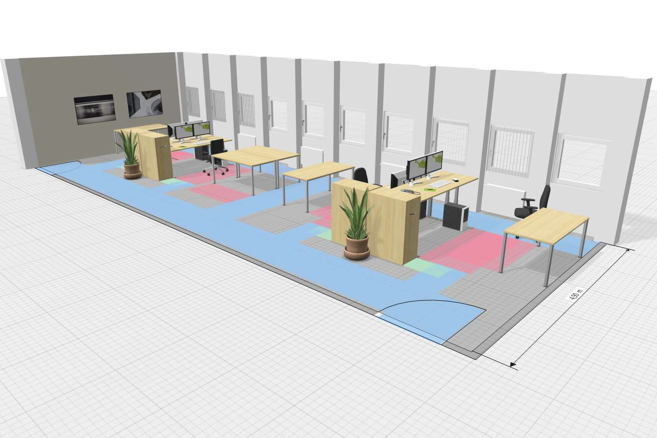 Planungsbeispiele OnlinePlanner dreidimensionale, grafische Darstellung eines Vierpersonenbüros mit Verkehrswegen