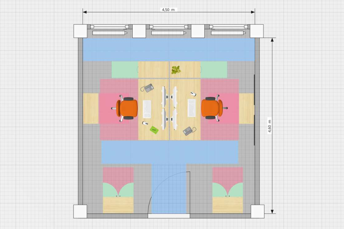 Planungsbeispiele OnlinePlanner Grafische Darstellung eines Zweipersonenbüros mit Verkehrswegen