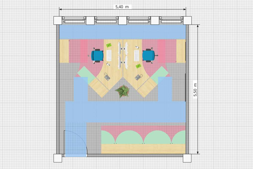 Planungsbeispiele OnlinePlanner Grafische Darstellung eines Zweipersonenbüros mit Verkehrswegen