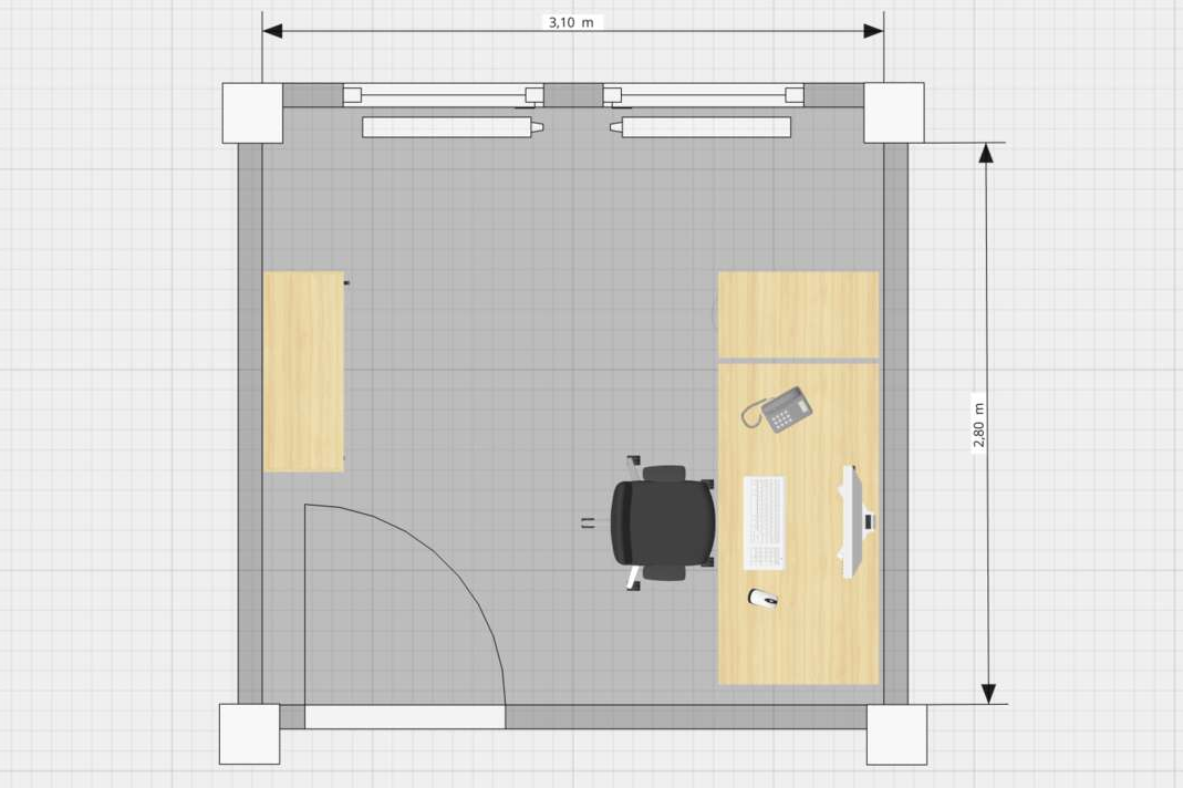 Planungsbeispiele OnlinePlanner - Grafische Darstellung eines Einzelbüros von oben