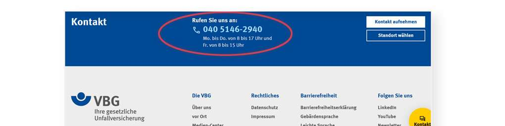 Ausschnitt der Startseite der VBG