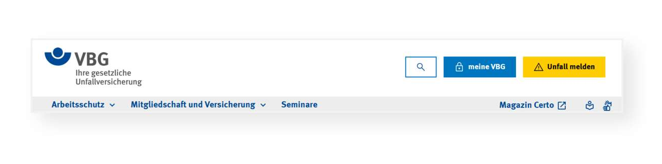 Ausschnitt der Startseite Kopfbereich der VBG