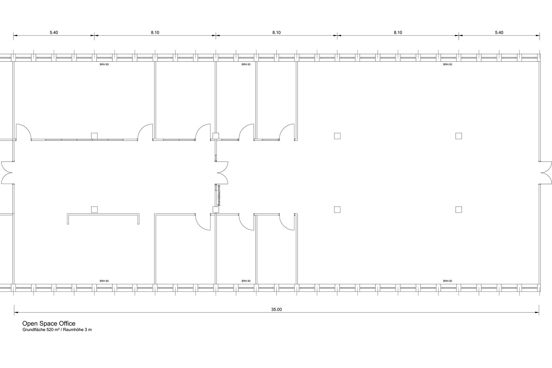 Musterplanung aus Planungssoftware: Grundriss Open Space Office ohne Möblierung (Vorlage liefert Kunde/Mitgliedsunternehmen)