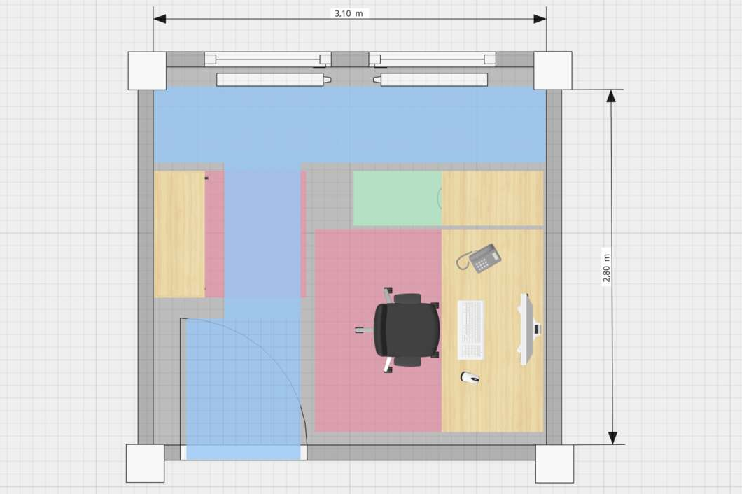 Planungsbeispiele OnlinePlanner Grafische Darstellung eines Einzelbüros mit Verkehrswegen