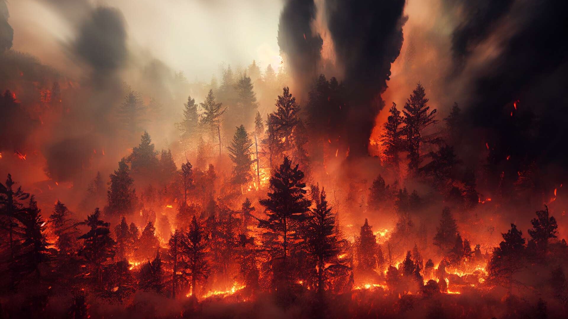 Waldbrand, Bäume brennen, Glut und Rauch