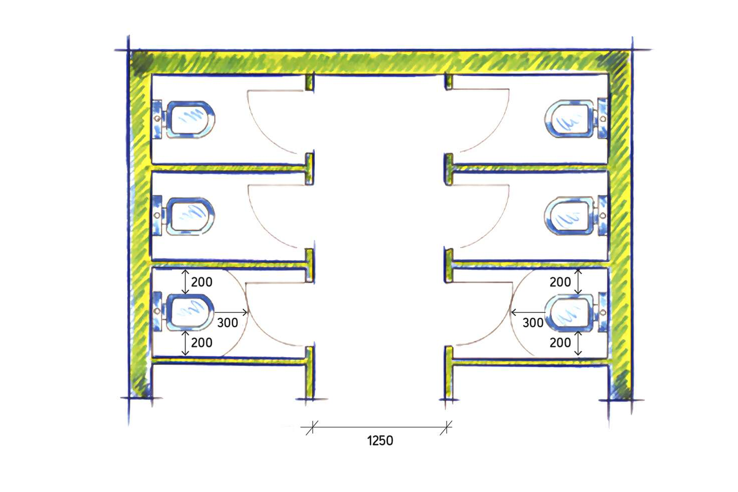 Abbildung zweibündige Toilettenanlage nach ASR A4.1, Türanschlag nach innen