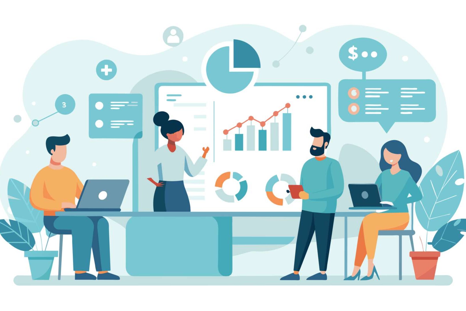 KI-generierte Illustration: Vier Männer und Frauen mit Laptop und Großbildschirm untersuchen Daten auf neue Erkenntnisse. 