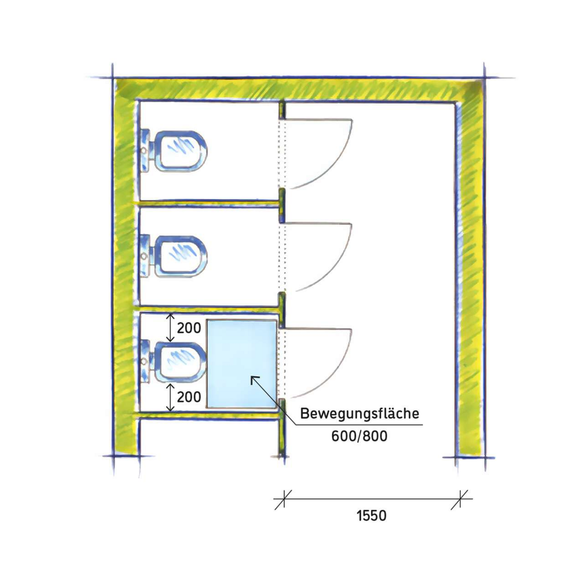 Abbildung einbündige Toilettenanlage nach ASR A4.1, Türanschlag nach außen 