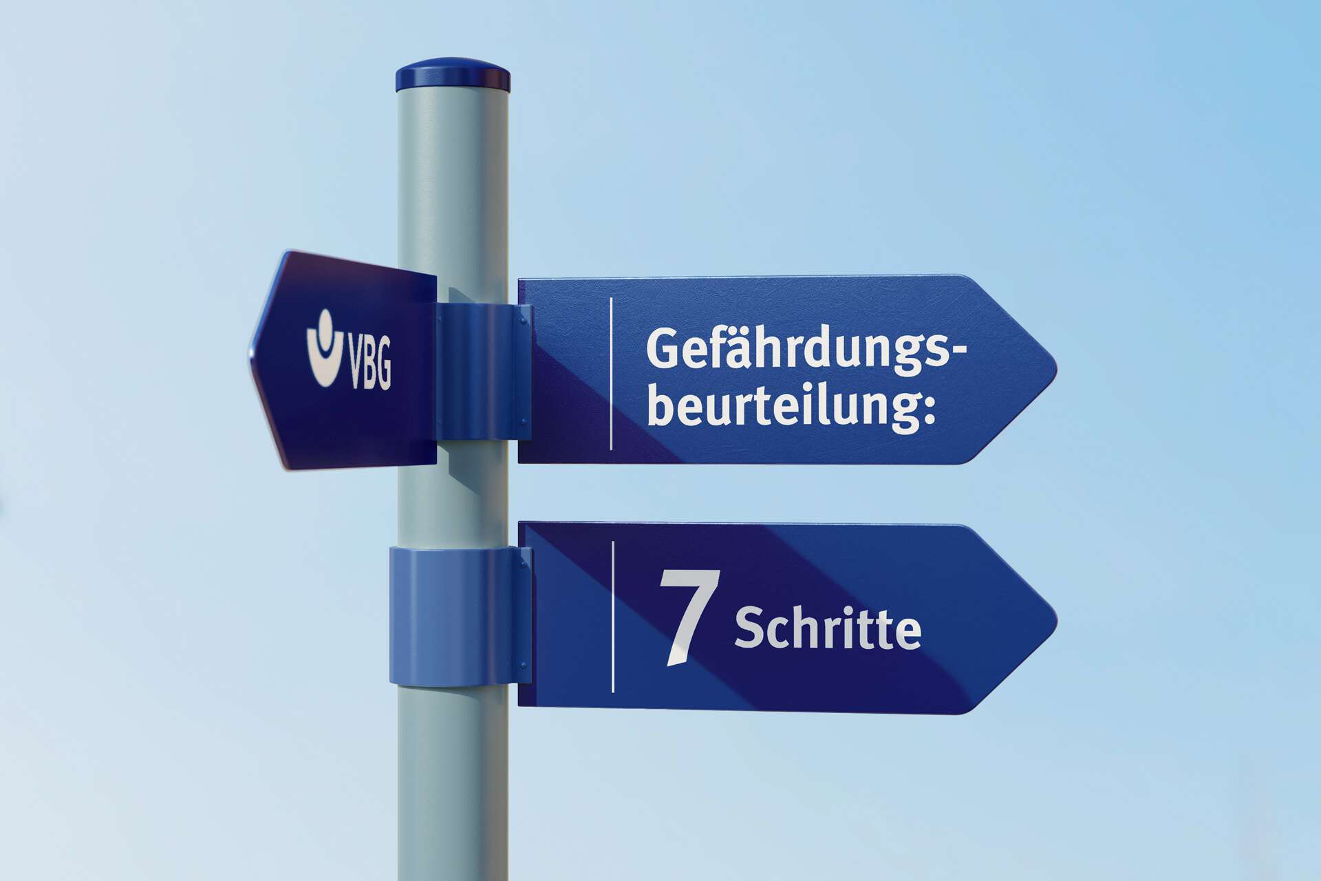 Symbolgrafik – Gefährungsbeurteilung - 7 Schritte. Zwei Wegweiser zeigen auf 7 Schritte. #filter, #7steps