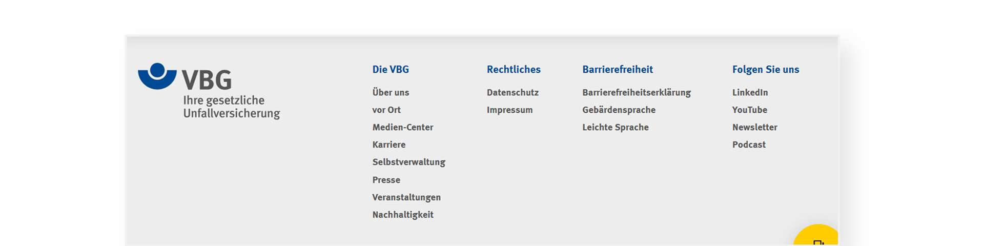 Ausschnitt der Startseite der VBG
