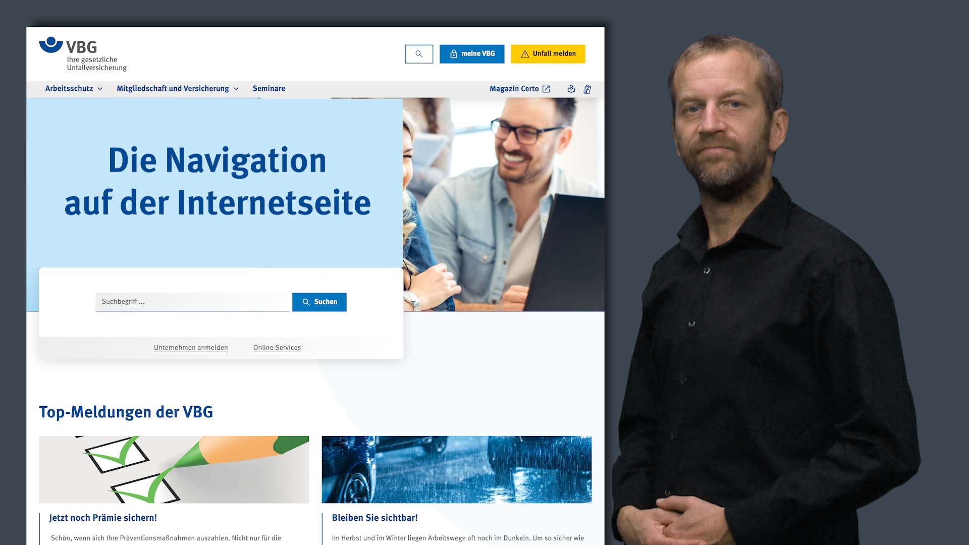 Gebärdensprache Info zur Navigation der VBG Website Previewbild Video