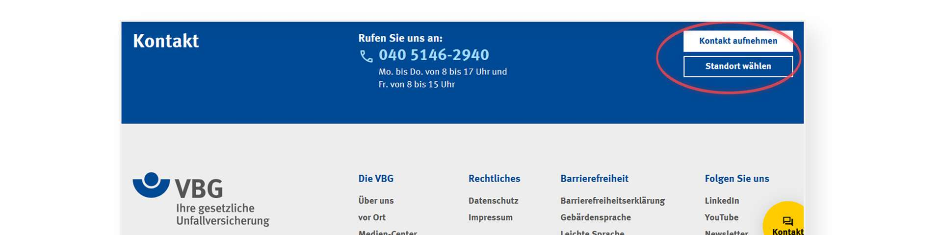 Ausschnitt der Startseite der VBG