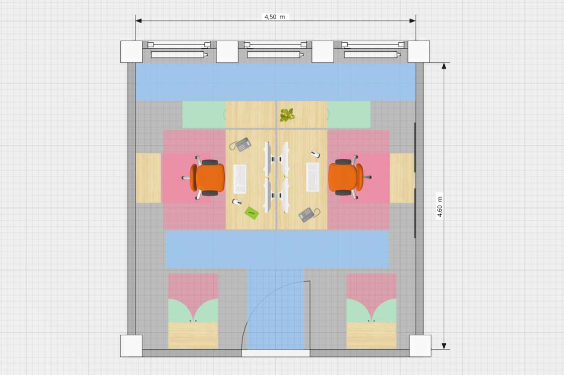 Planungsbeispiele OnlinePlanner Grafische Darstellung eines Zweipersonenbüros mit Verkehrswegen