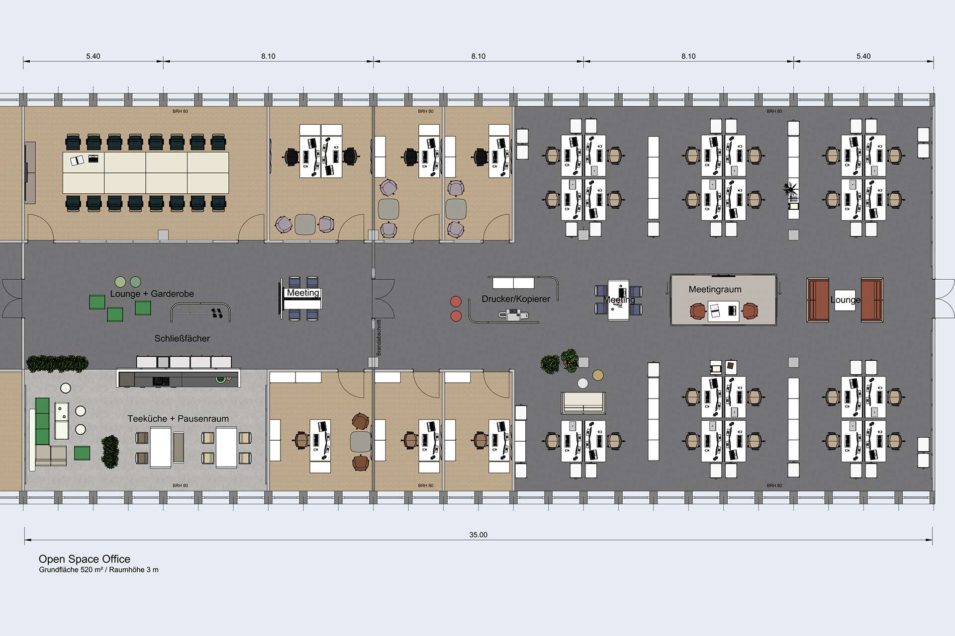 Musterplanung aus Planungssoftware: Open Space Office mit Möblierung und Materialien