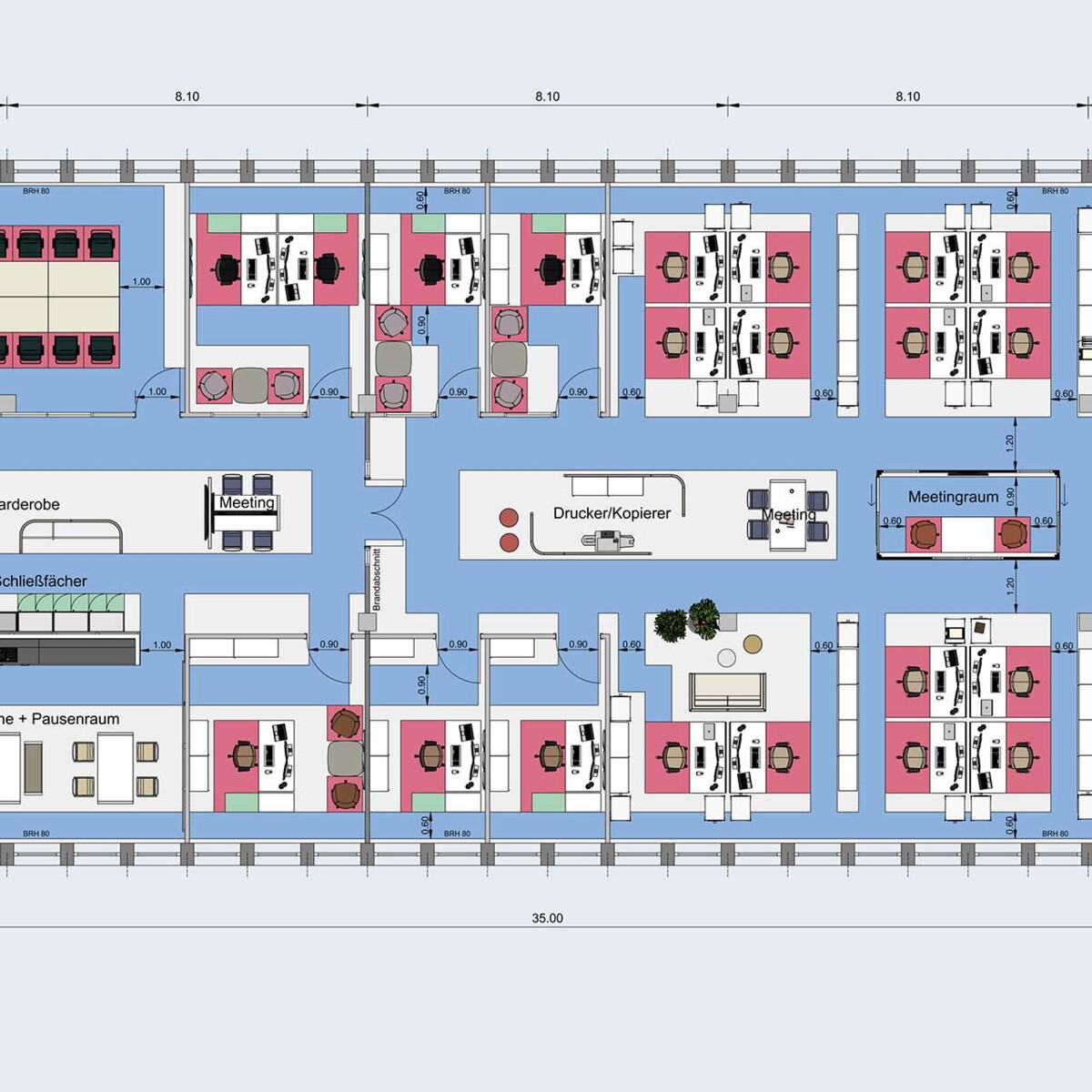 Musterplanung aus Planungssoftware: Open Space Office mit Möblierung, Verkehrswegen, Funktions- und Benutzerflächen