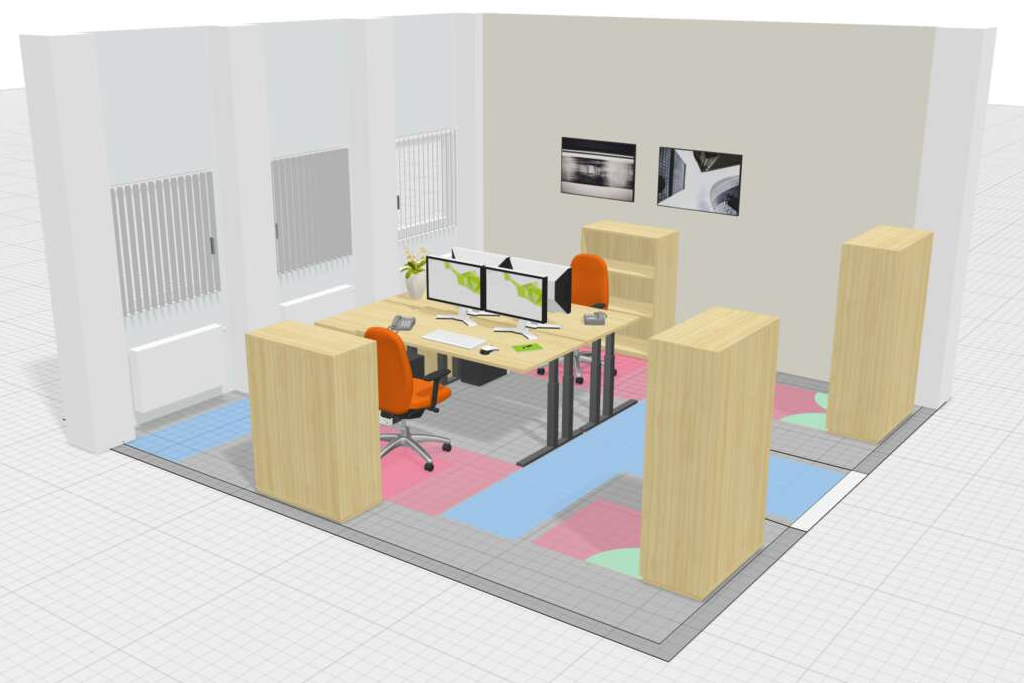 Planungsbeispiele OnlinePlanner dreidimensionale, grafische Darstellung eines Zweipersonenbüros