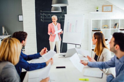 Besprechung - eine Frau steht am Flipchart und hält einen Vortrag und eine Frau und zwei Männer sitzen am Tisch