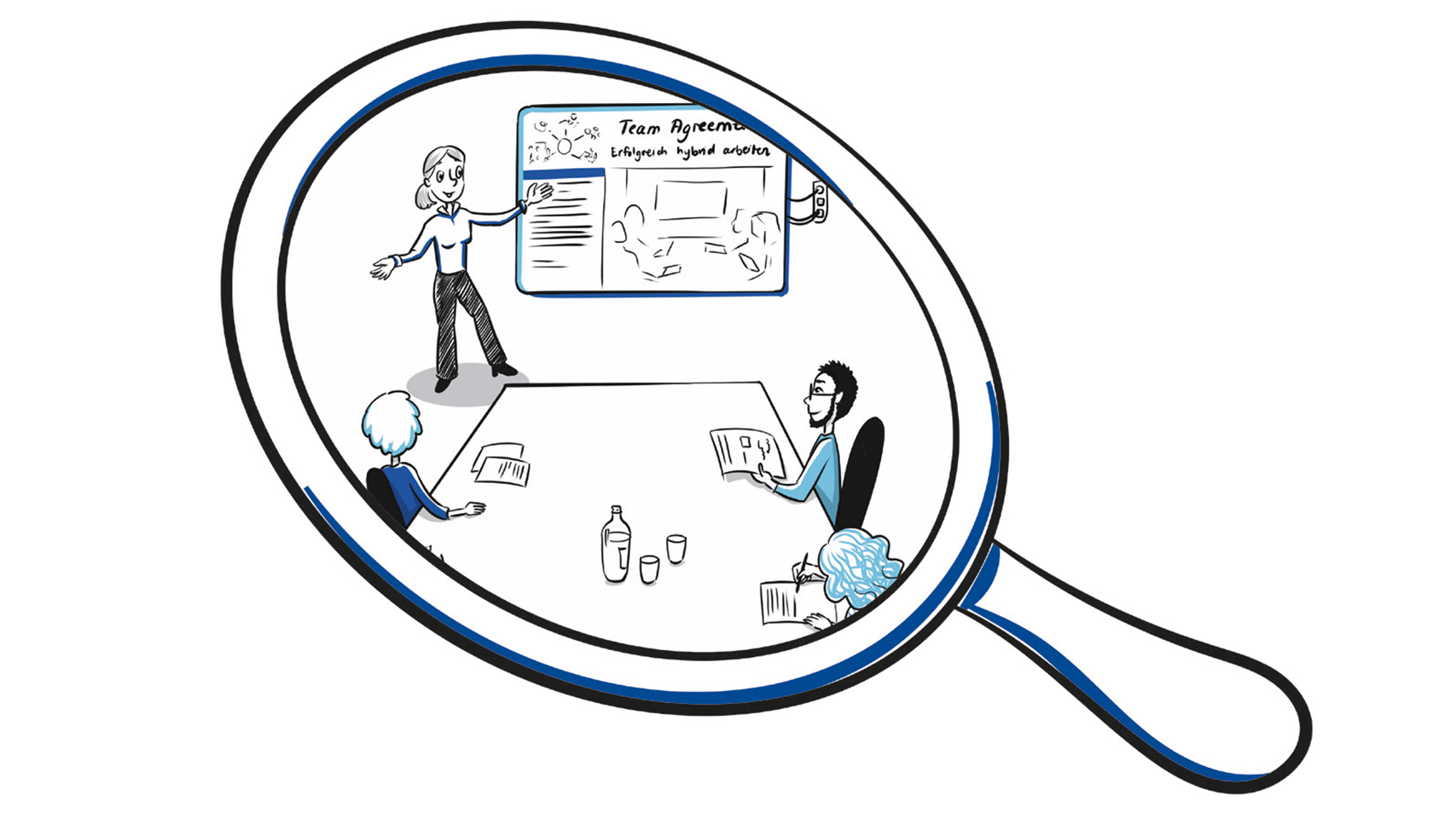 große Lupe zeigt auf Besprechungssituation