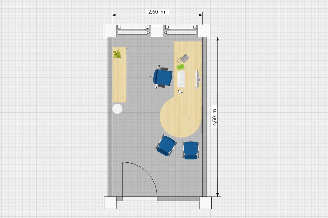 Planungsbeispiele OnlinePlanner Grafische Darstellung eines Einzelbüros mit Besprechungsbereich