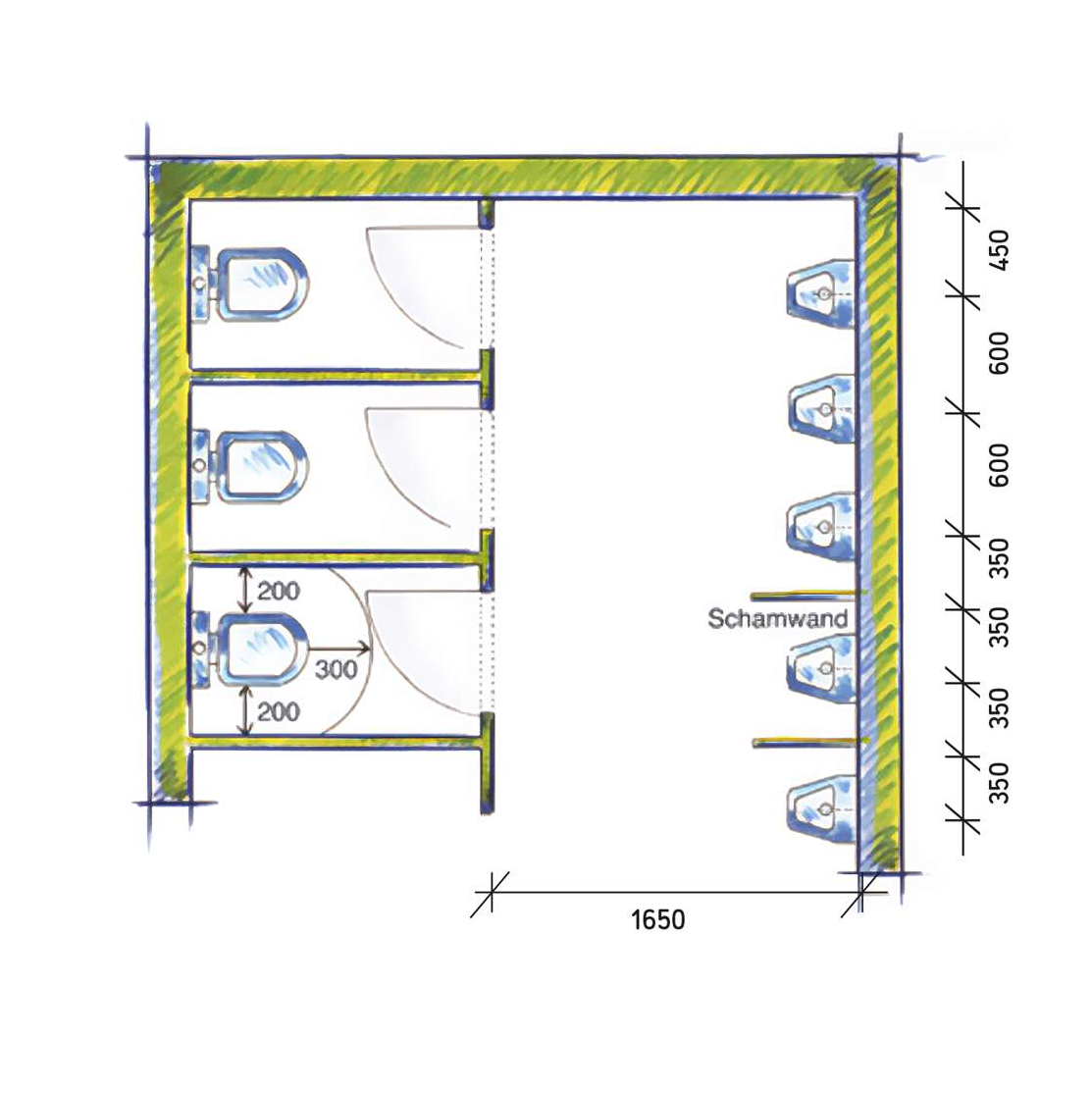 Abbildung einbündige Toilettenanlage nach ASR A4.1 mit Urinalen, Türanschlag nach innen