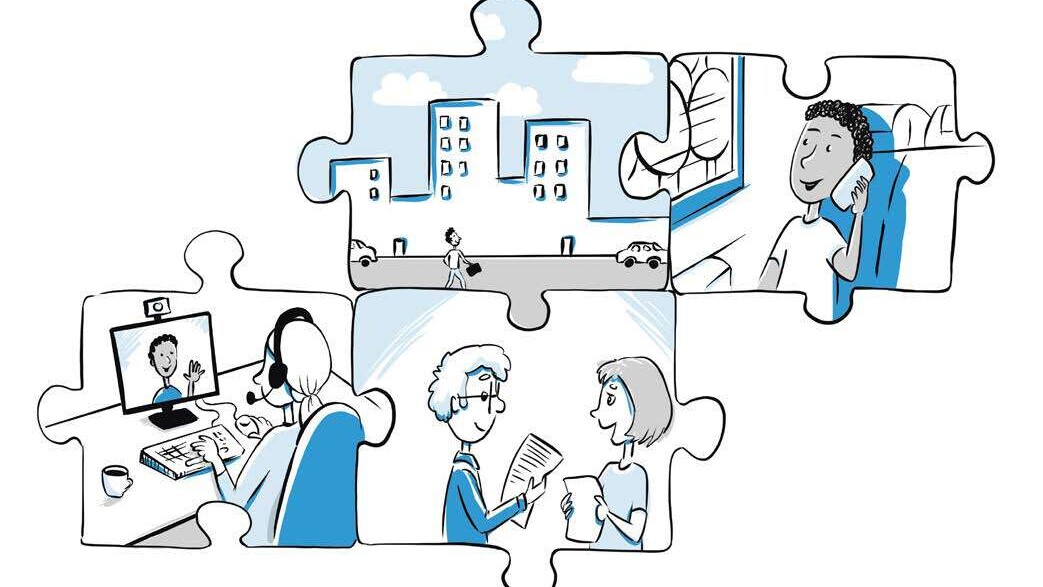 Puzzleteile mit Personen bei verschiedenen Tätigkeiten