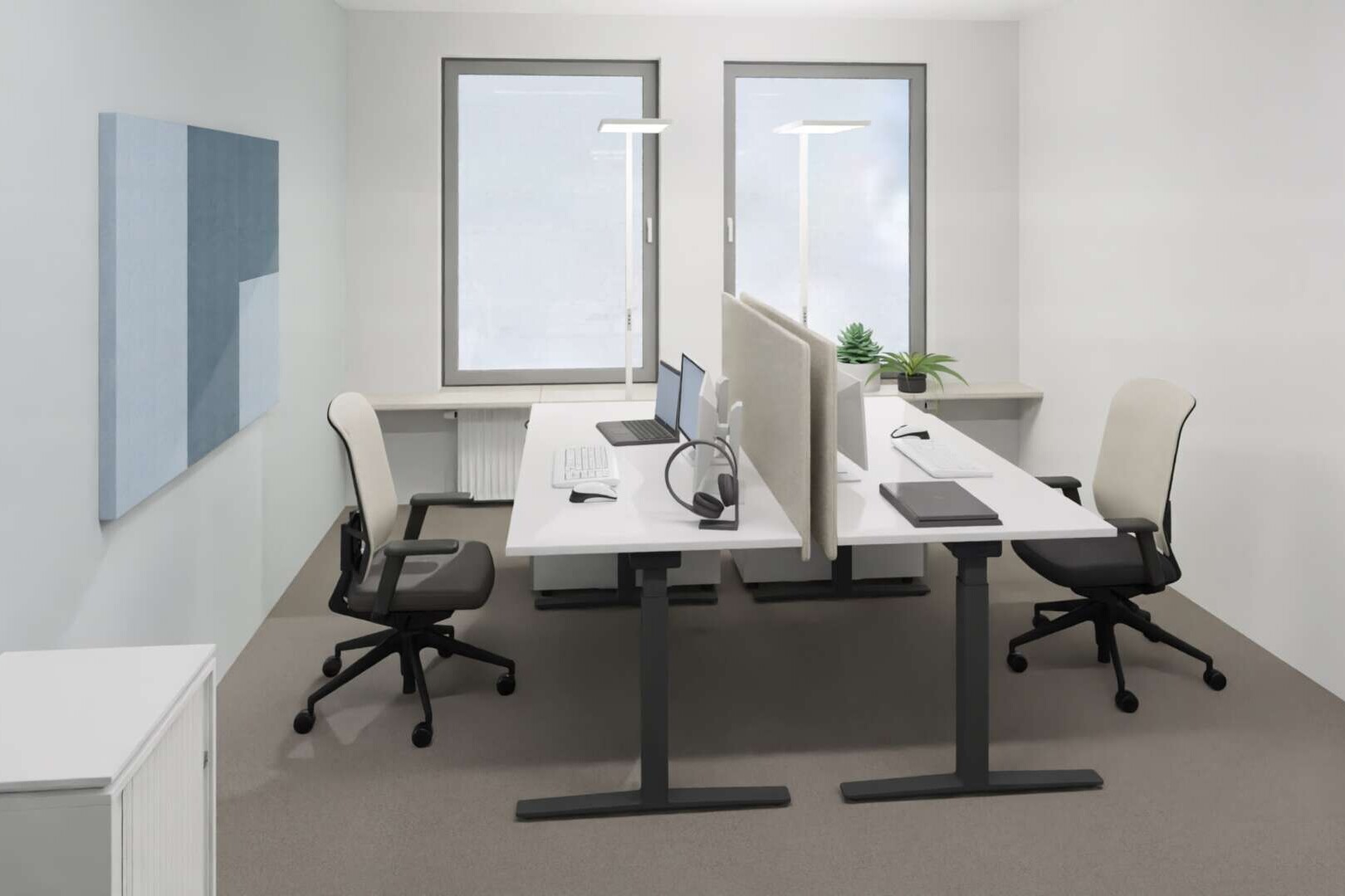 zwei gegenüberliegende Büroarbeitsplätze erstellt mit einer Planungssoftware