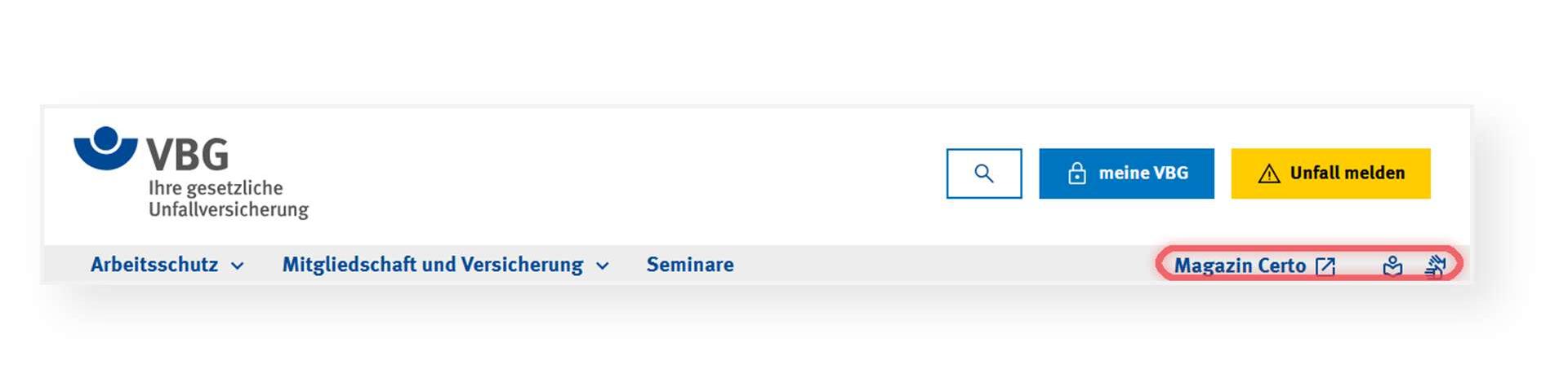 Ausschnitt der Startseite der VBG