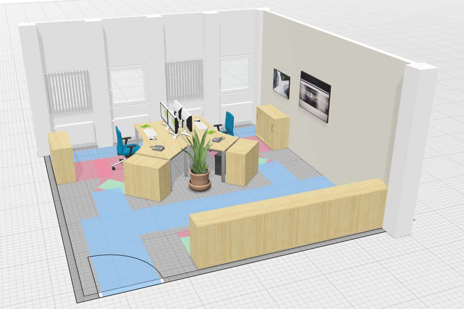 Planungsbeispiel OnlinePlanner dreidimensionale, grafische Darstellung eines Zweipersonenbüros