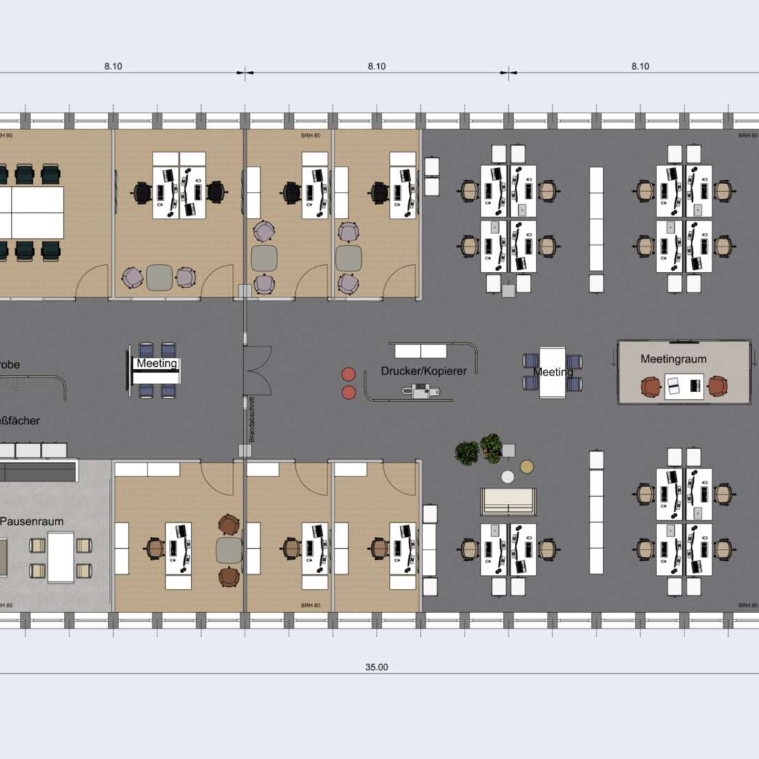 Musterplanung aus Planungssoftware: Open Space Office mit Möblierung und Materialien