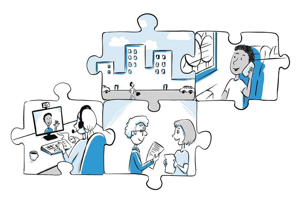 Puzzleteile mit Personen bei verschiedenen Tätigkeiten