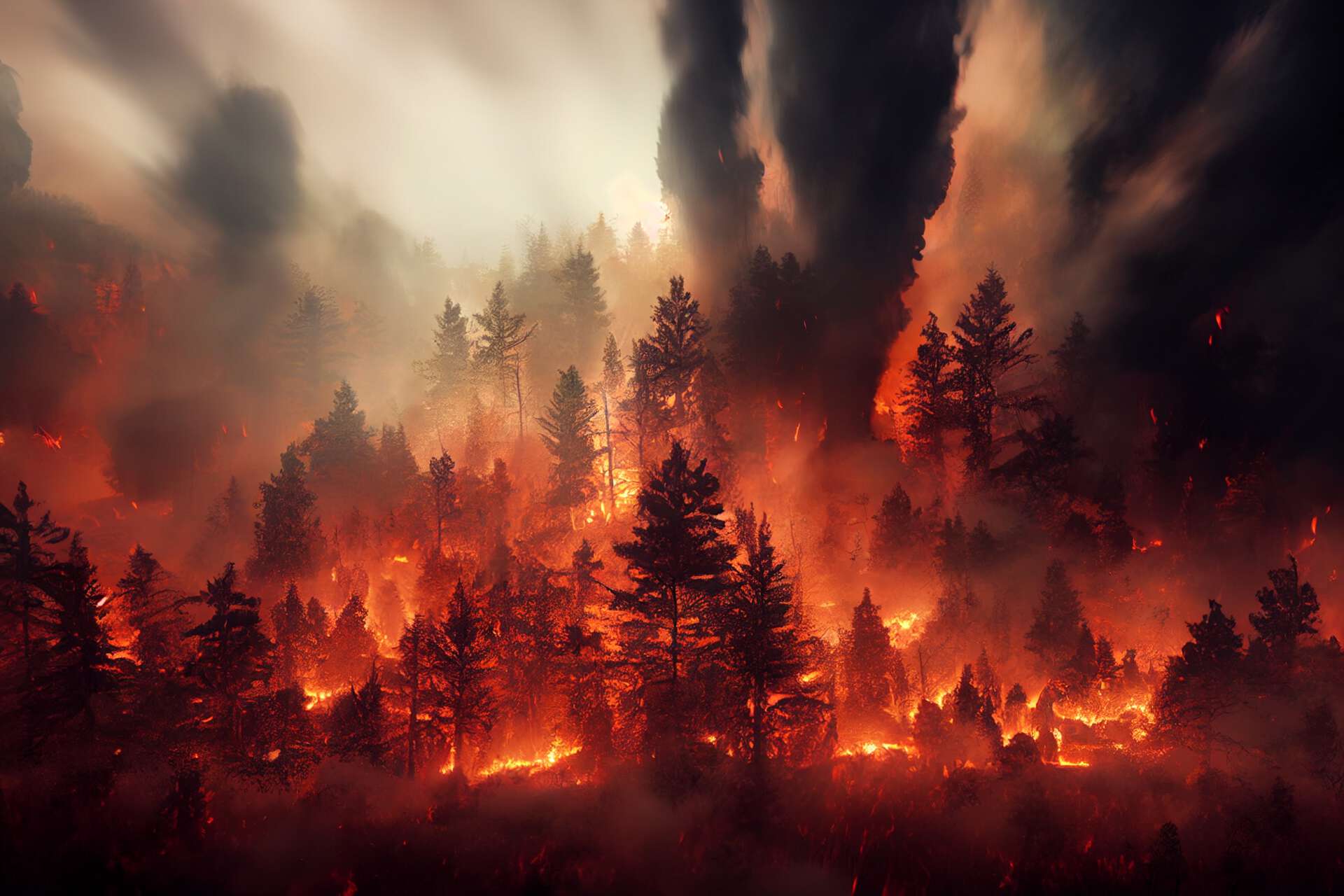 Waldbrand, Bäume brennen, Glut und Rauch