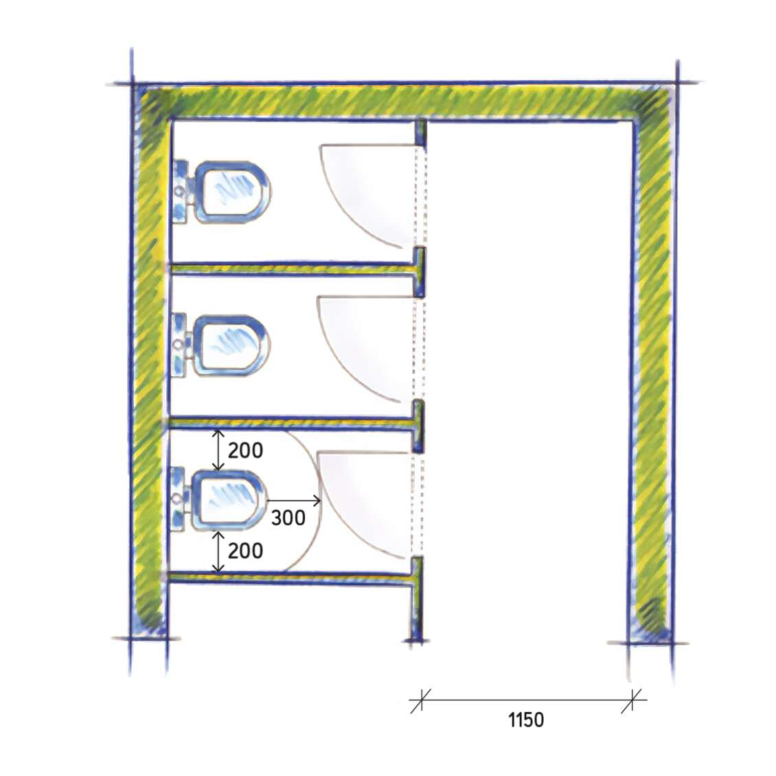 Abbildung einbündige Toilettenanlage nach ASR A4.1, Türanschlag nach innen