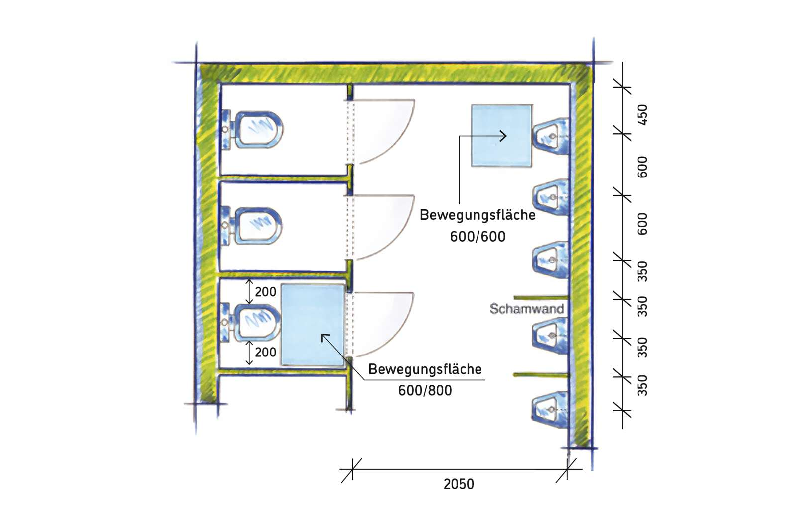 Abbildung einbündige Toilettenanlage nach ASR A4.1 mit Urinalen, Türanschlag nach außen 