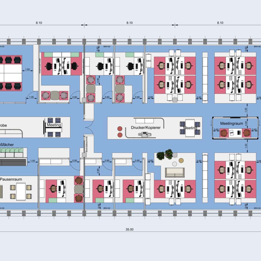 Musterplanung aus Planungssoftware: Open Space Office mit Möblierung, Verkehrswegen, Funktions- und Benutzerflächen