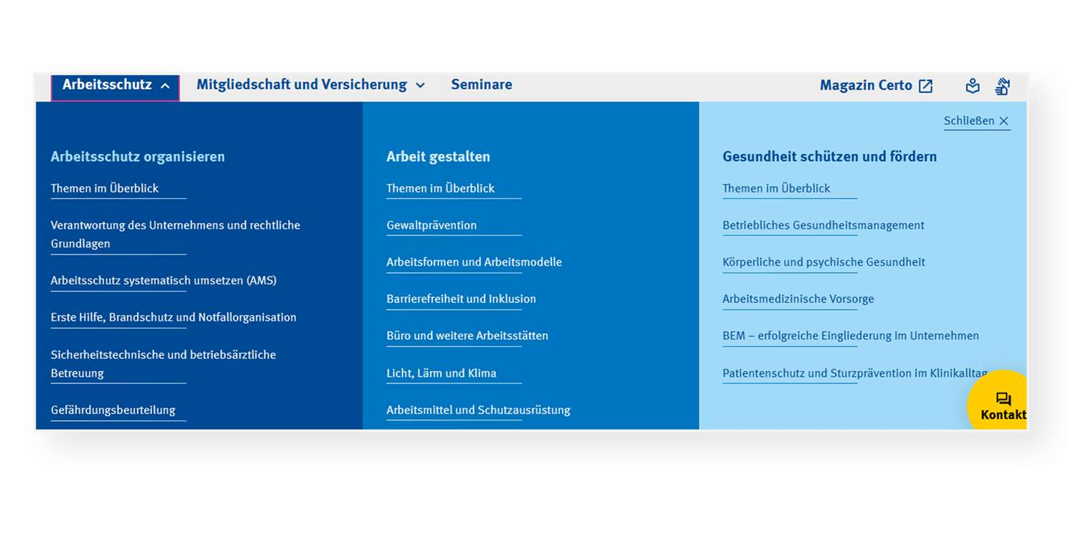 Ausschnitt des Haupt-Menüs auf der Startseite der VBG