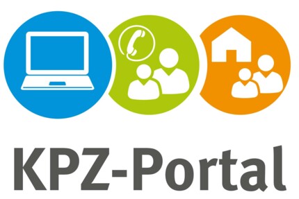 Wort-Bild-Marke KPZ PortalDrei Kreise mit Icons: blau mit Laptop, grün mit Personen und Telefon und Orange mit Personen und Haus