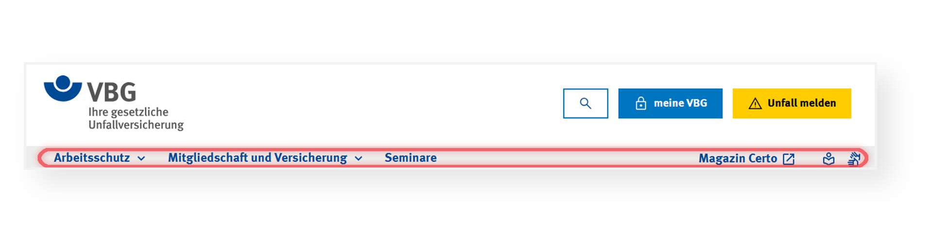 Ausschnitt der Startseite der VBG