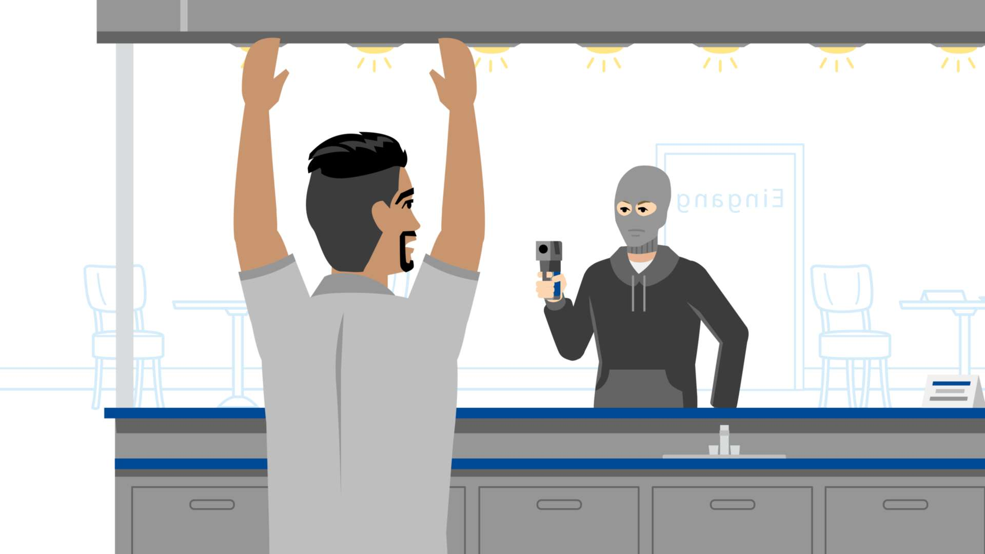 Ein maskierter Täter bedroht einen Beschäftigten, der mit erhobenen Händen hinter einem Tresen steht.